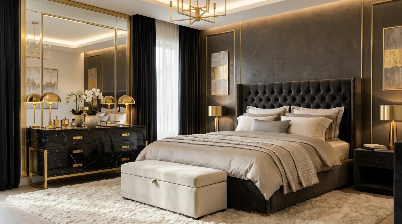 Soft grey walls around a black dresser in a streamlined modern bedroom.