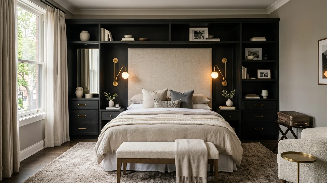 Black dresser in a small bedroom layout with practical streamlined placement.