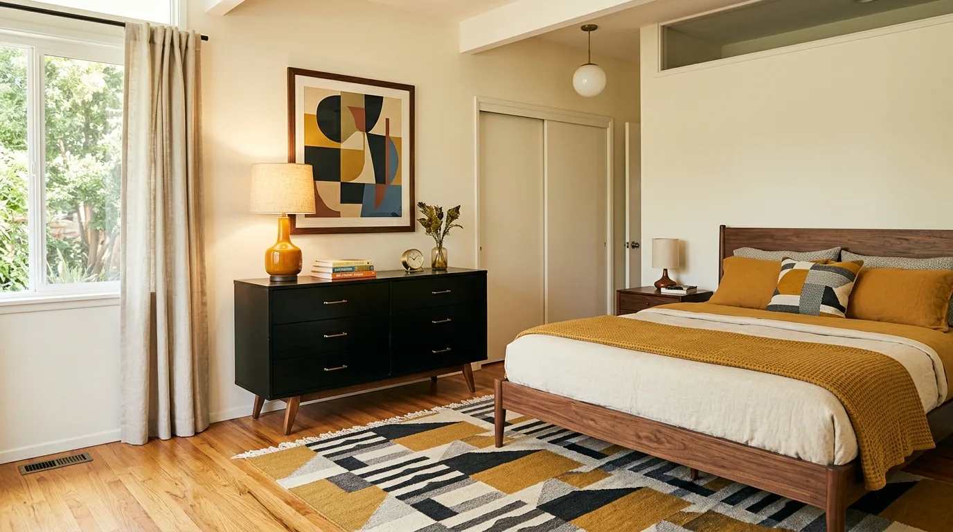 Black dresser styled with one warm lamp in a streamlined bedroom.