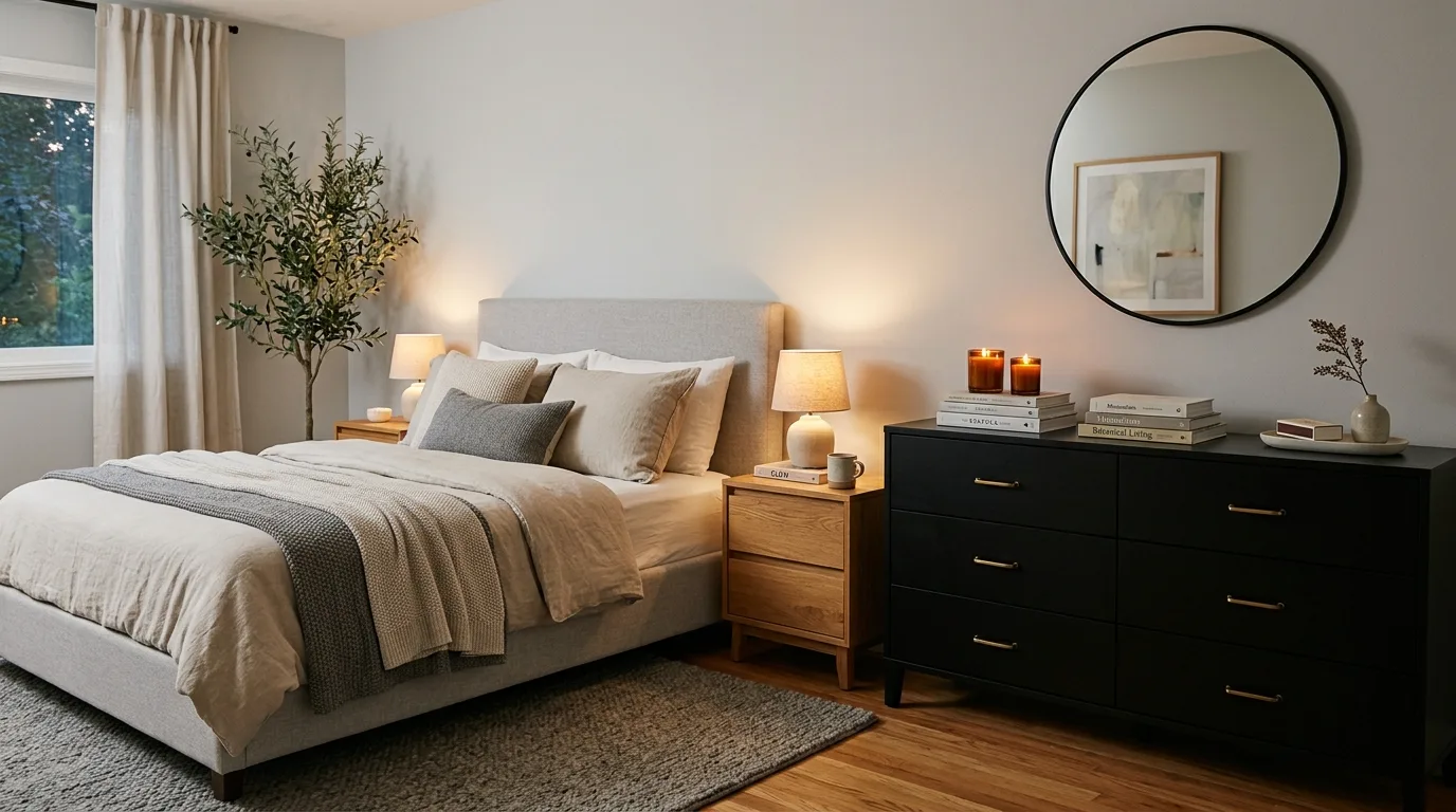Black dresser with matching hardware repetition in a cohesive bedroom.