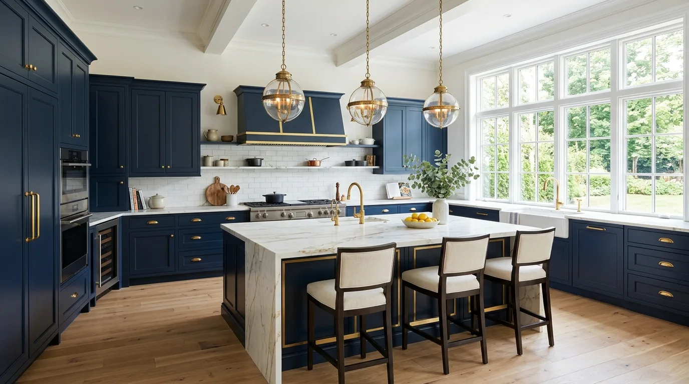 Warm and cool cabinet tones mixed carefully in a kitchen.