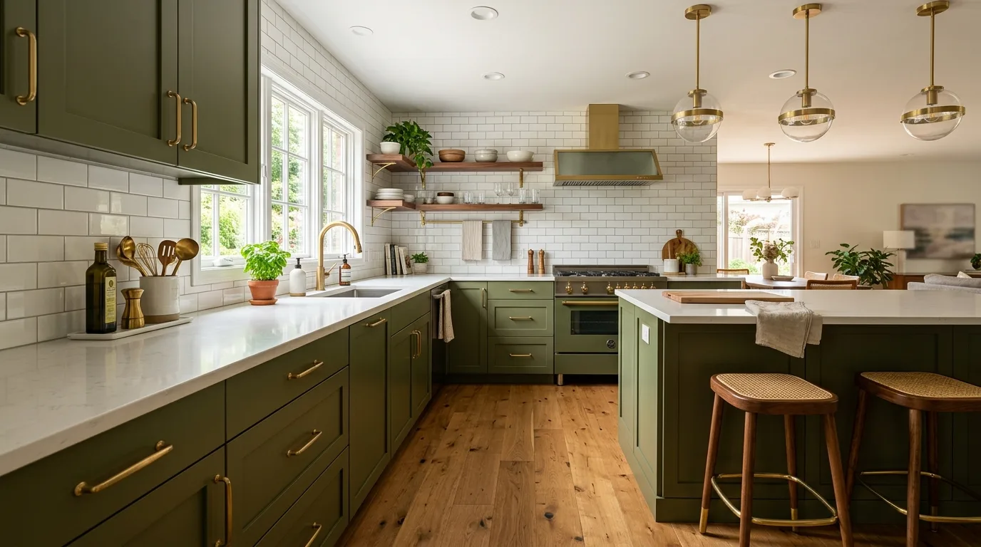 Accent cabinet tone repeated elsewhere in the kitchen.