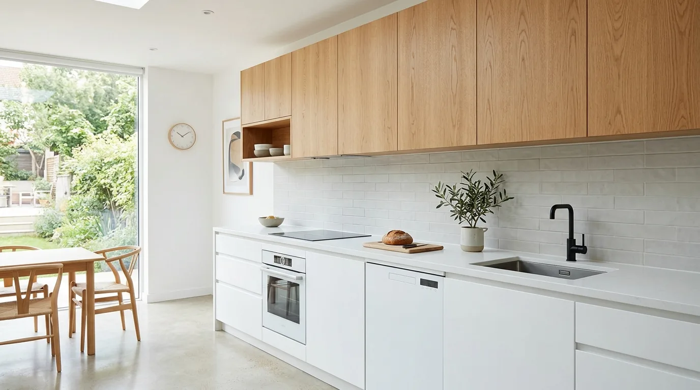 Edited overall palette around a two-tone kitchen cabinet design.
