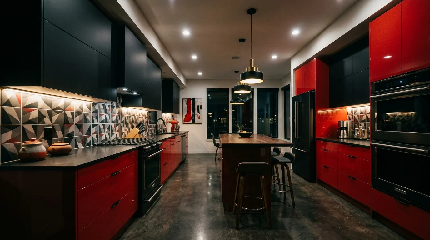 Layered smart kitchen with a strong cabinet color combination.