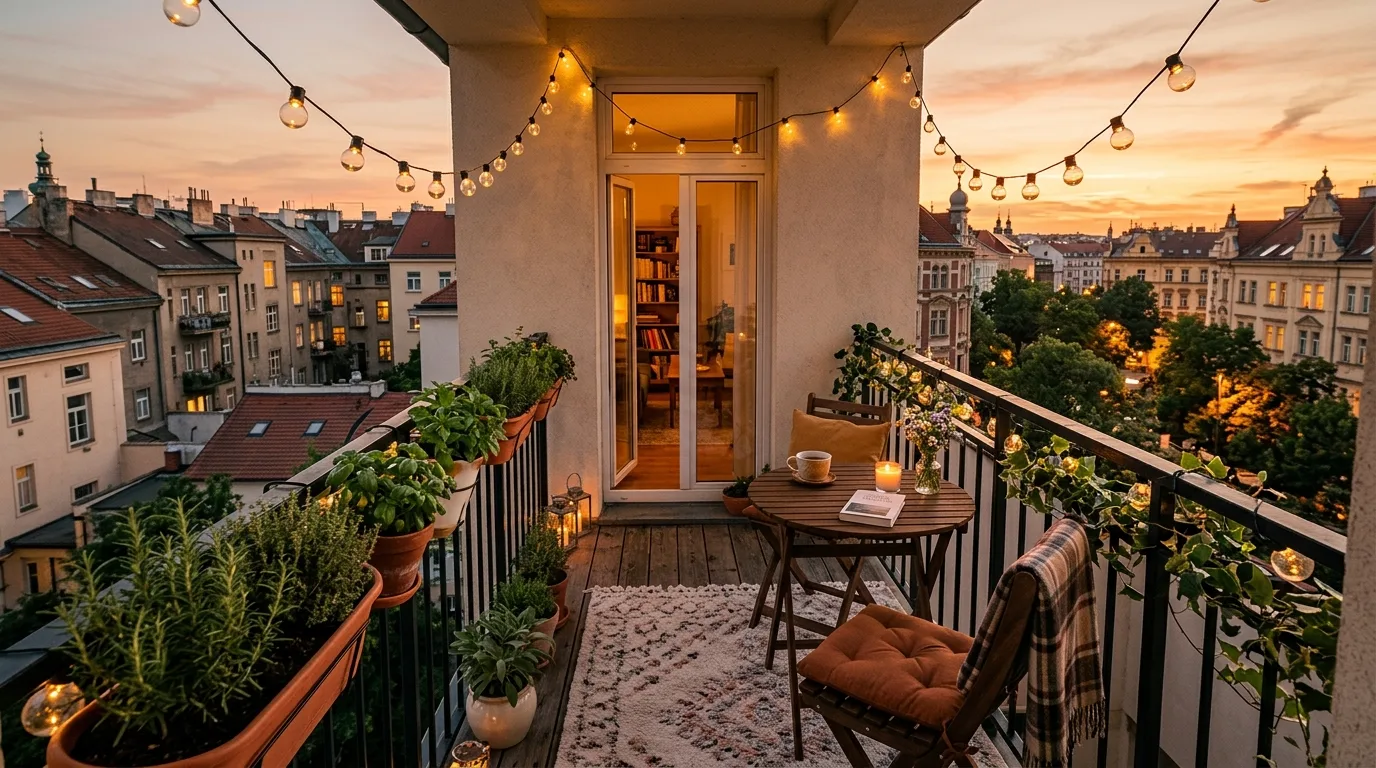 Tiny outdoor apartment balcony styled with smart furniture and cozy details.