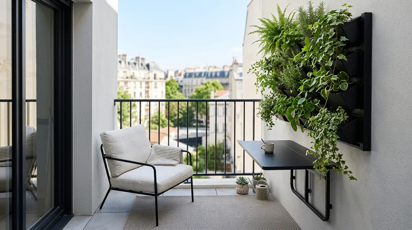 Foldable seating on a tiny balcony for flexible apartment living.