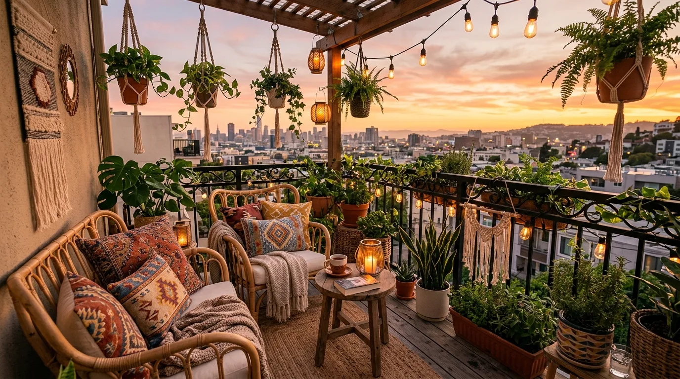 Balcony railing used for planters on a tiny outdoor apartment space.