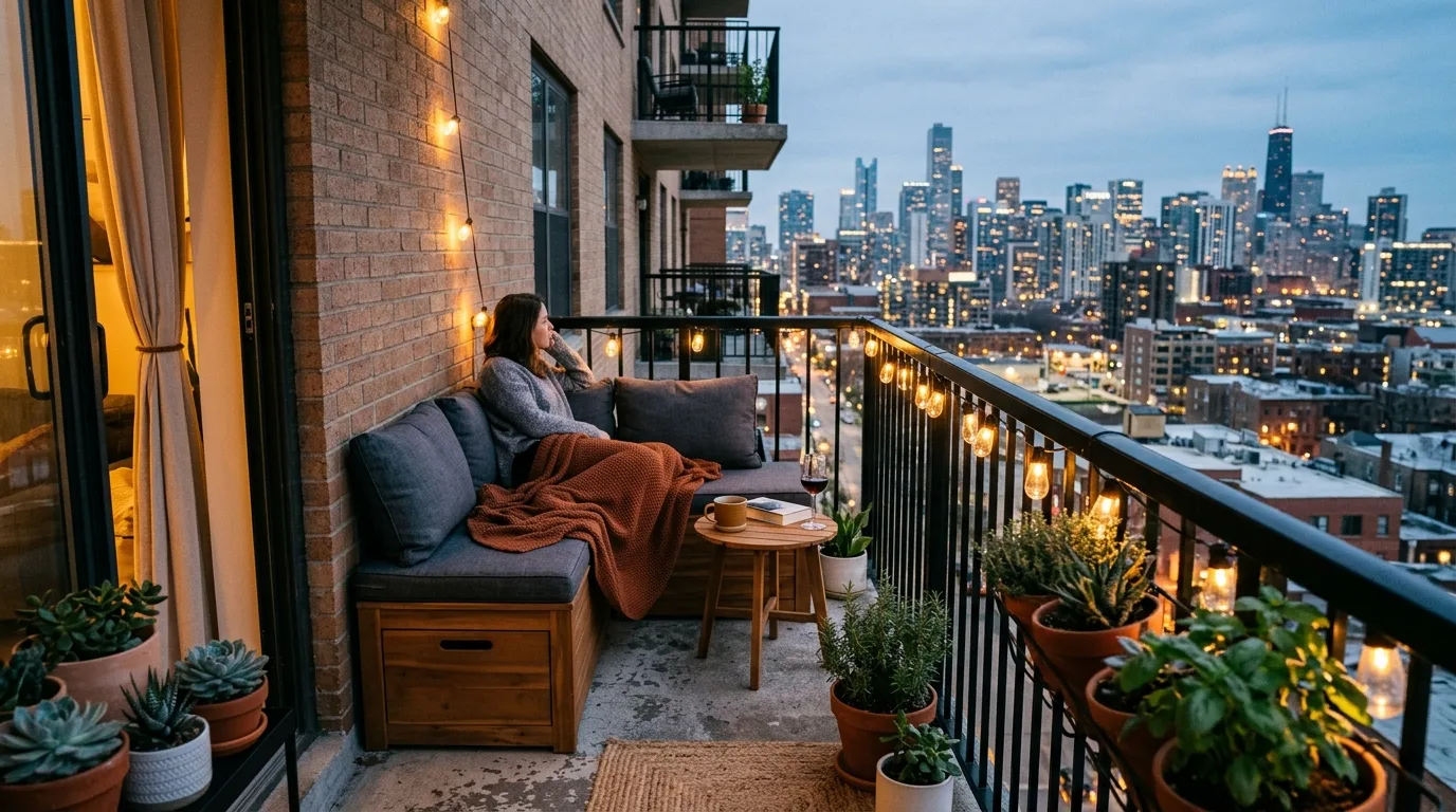 Outdoor rug on a small balcony creating a cozy apartment nook.