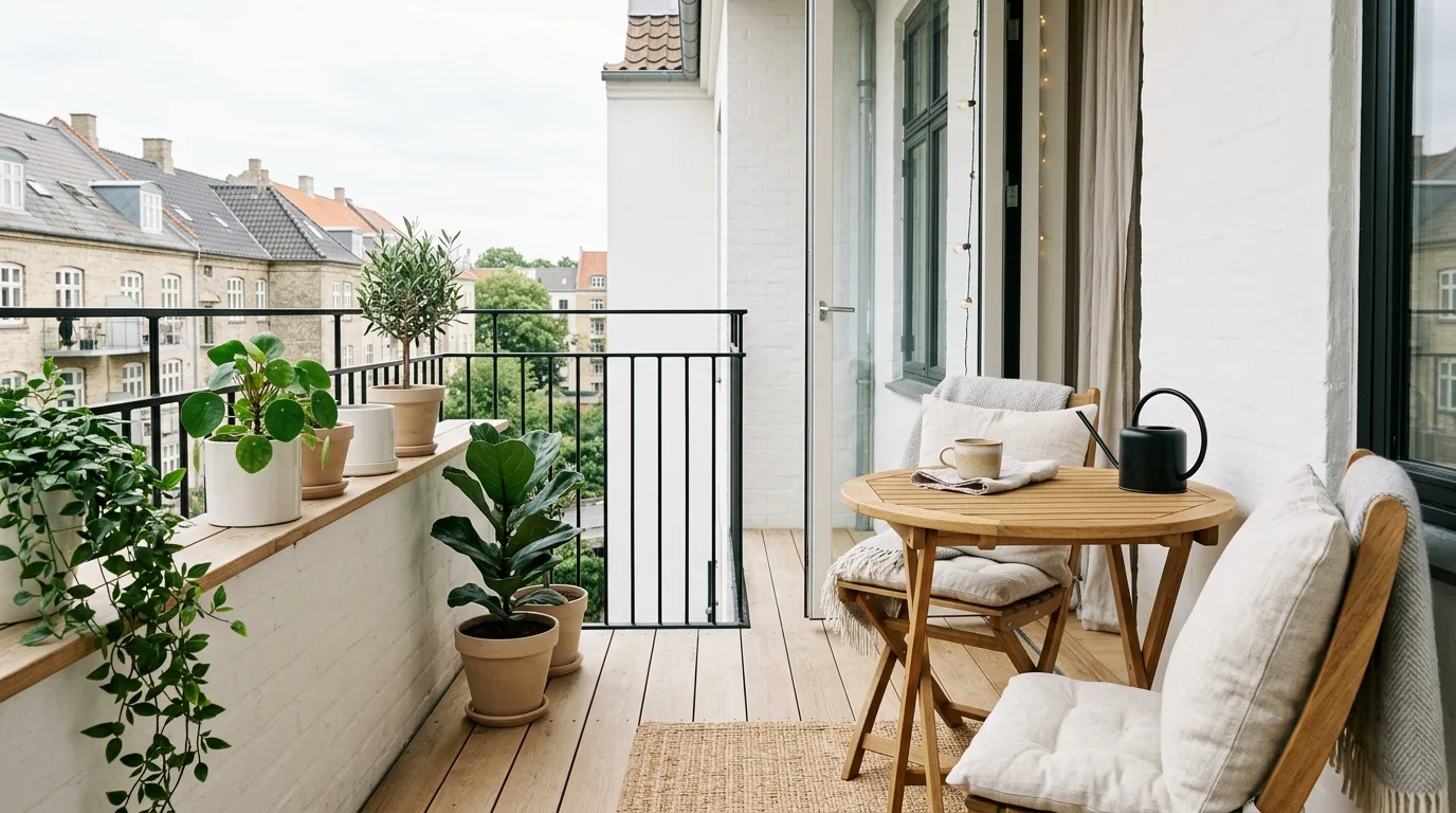 Narrow bench against the wall on a tiny apartment balcony.