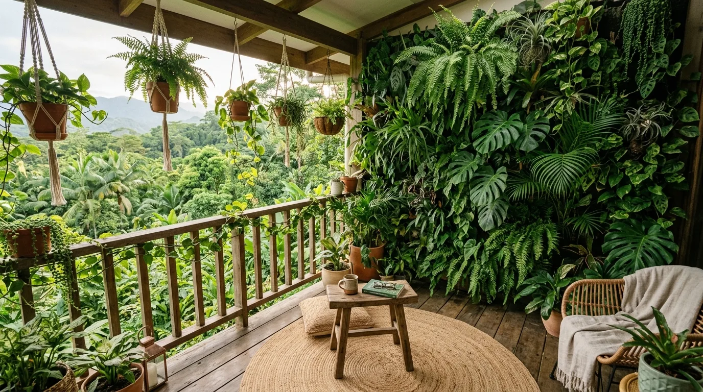 String lights on a tiny balcony creating a soft outdoor evening mood.
