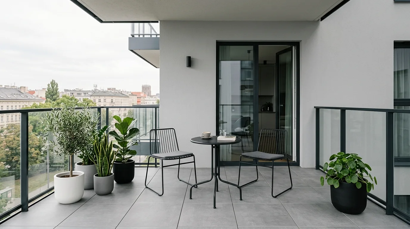 Vertical shelving on a small balcony for plants and decor storage.