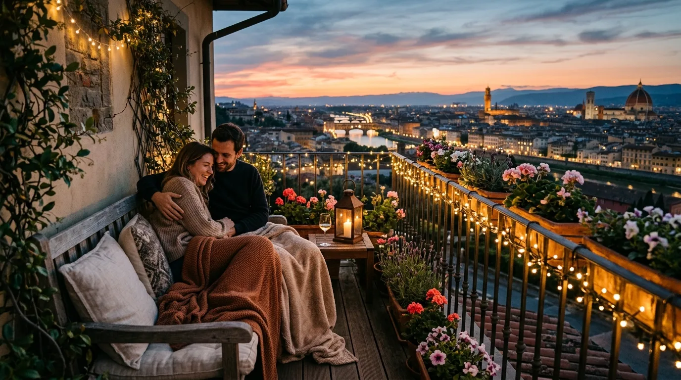 Stackable furniture on a small balcony for easy apartment storage.