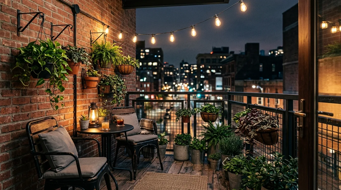 Single chair reading corner on a tiny balcony with cozy styling.