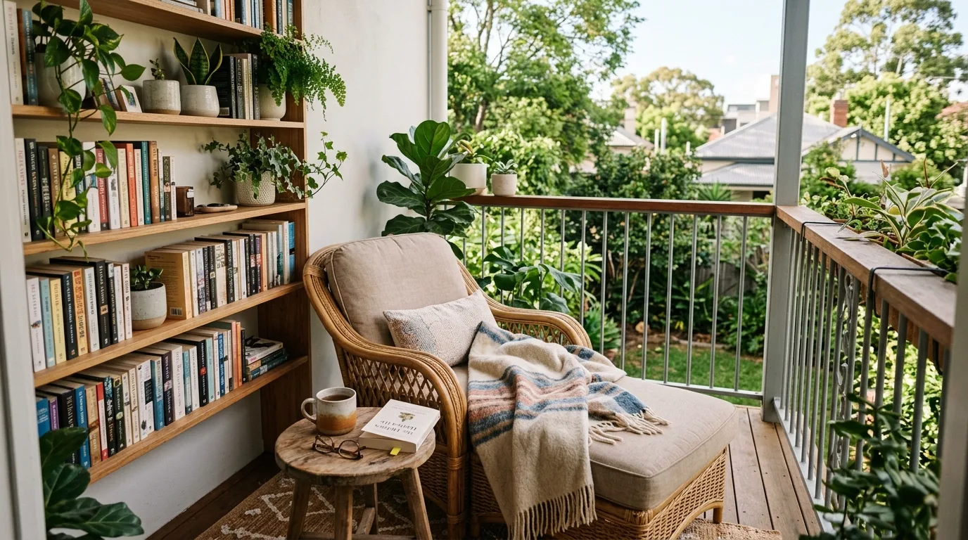 Light airy palette on a small outdoor balcony making the space feel bigger.