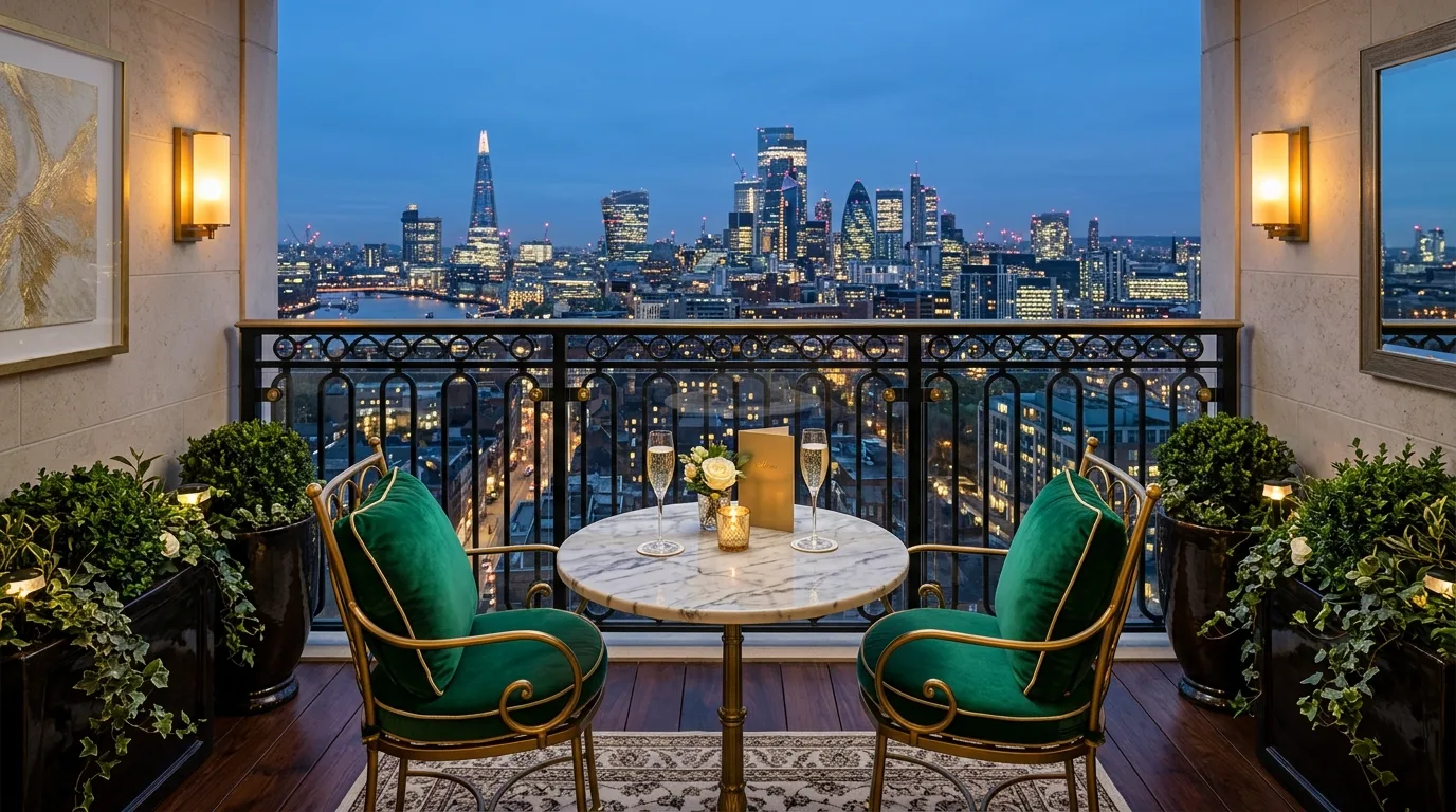 Tiny balcony table with hidden storage in a smart apartment setup.