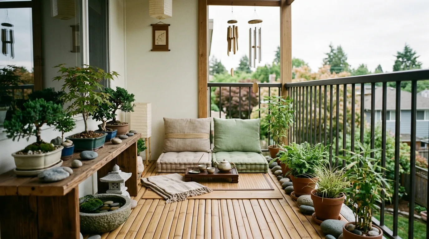 Tiny balcony treated like an outdoor room with layered decor and comfort.