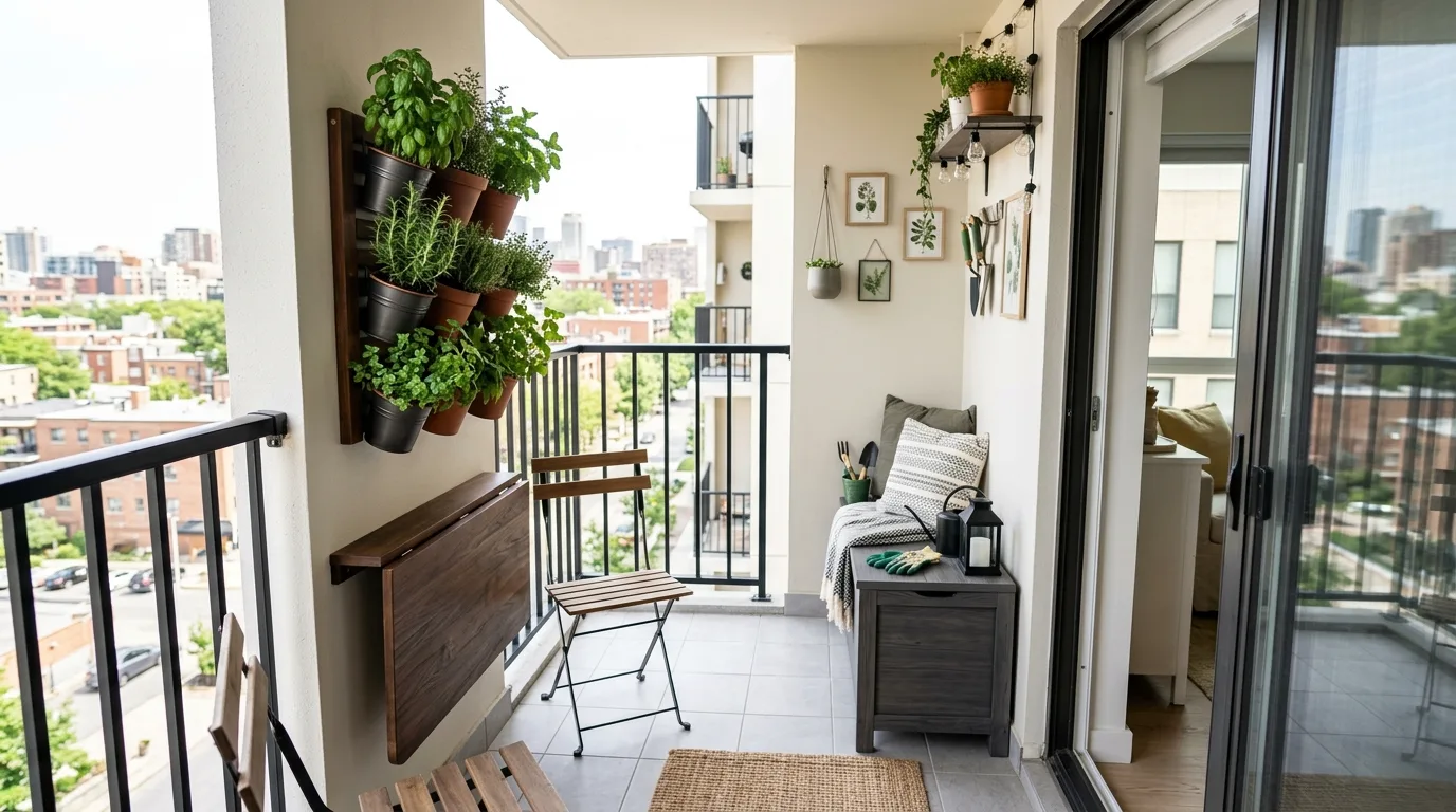 Tiny balcony that feels bigger than it is through smart layered styling.