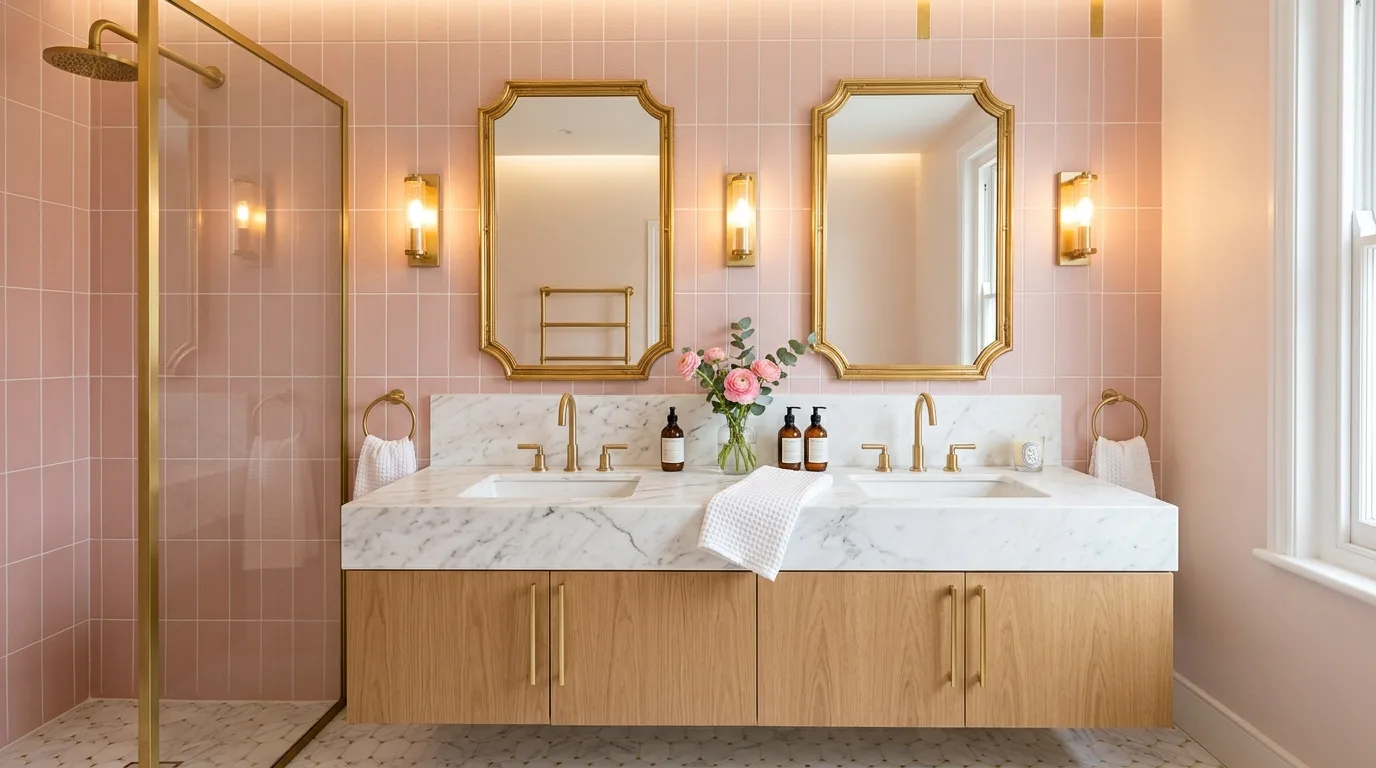start with the main color or material story in a bathroom inspired by glam pink gold chic.