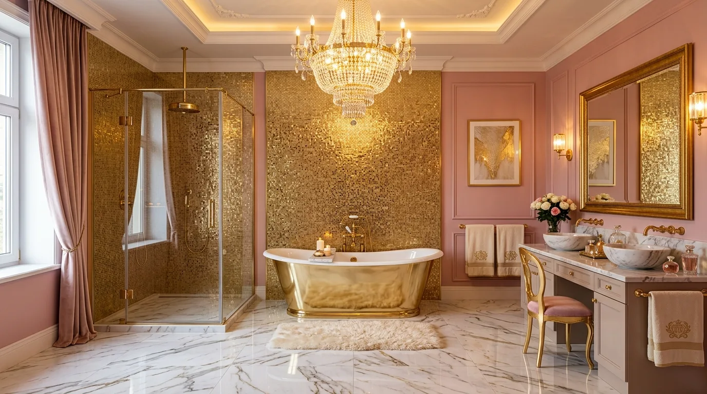 use lighting to bring the space to life in a bathroom inspired by glam pink gold chic.