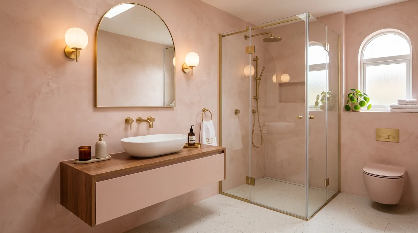 add texture for more depth in a bathroom inspired by glam pink gold chic.