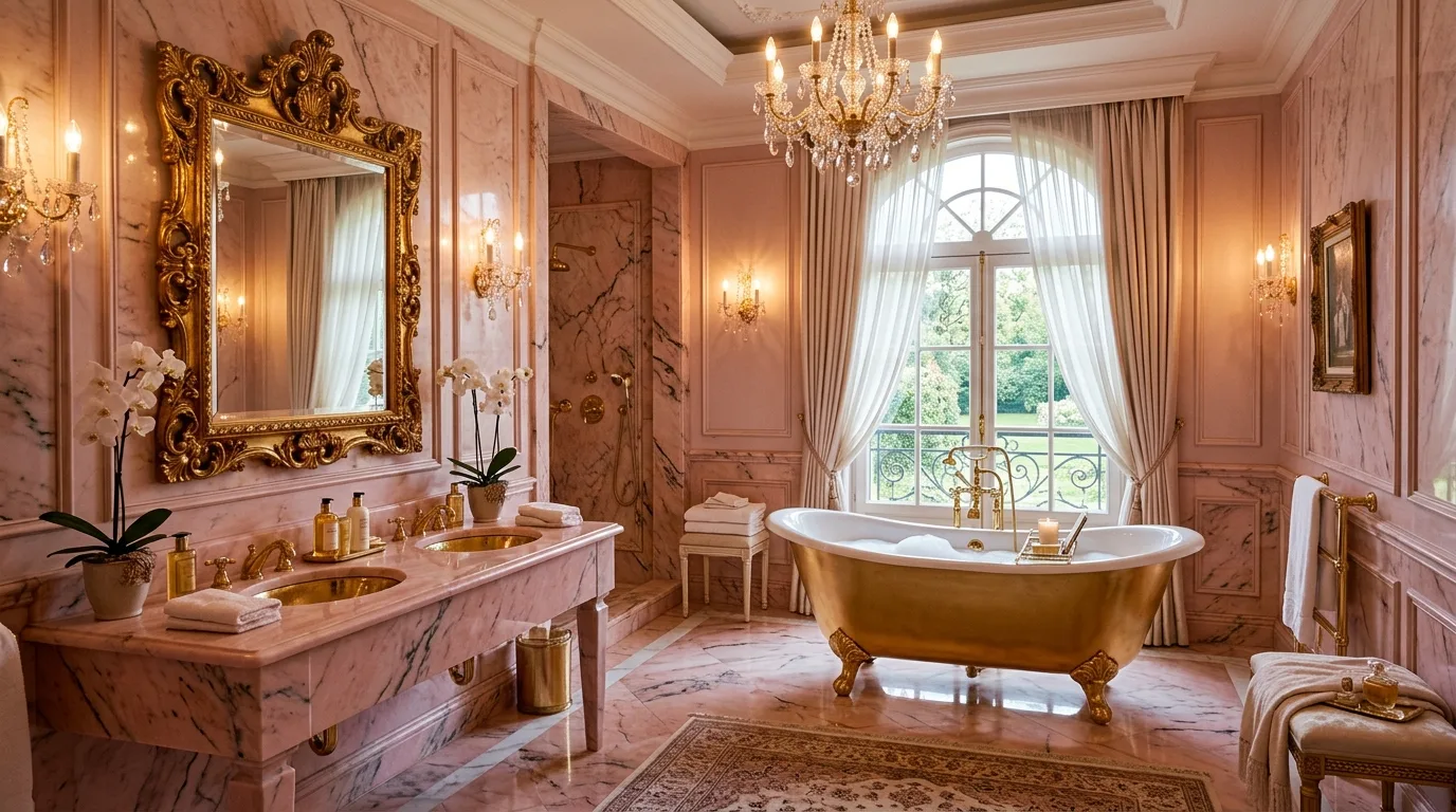 keep fixtures and lines thoughtful in a bathroom inspired by glam pink gold chic.