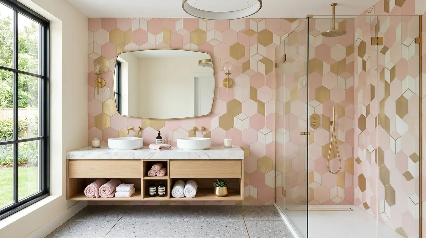 balance boldness with breathing room in a bathroom inspired by glam pink gold chic.