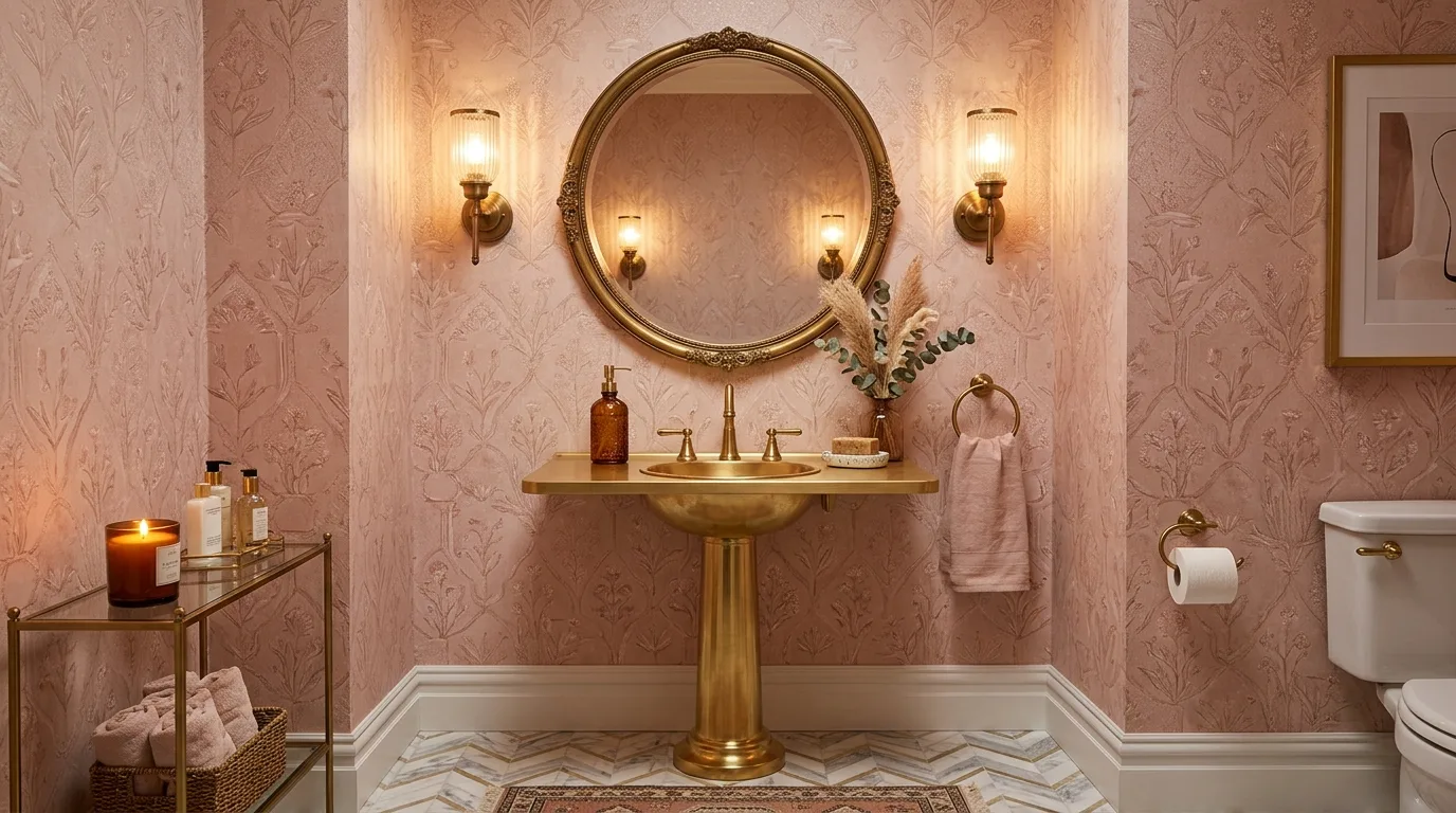 use decor that reinforces the look in a bathroom inspired by glam pink gold chic.