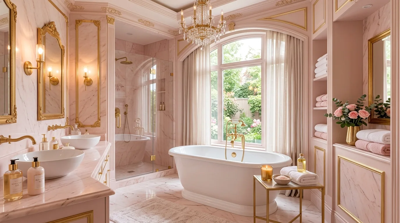 let the room feel personal and restful in a bathroom inspired by glam pink gold chic.