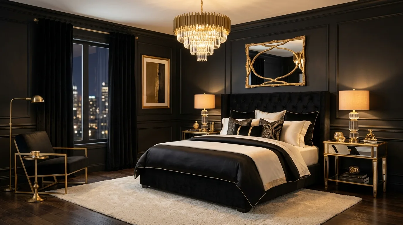Glamorous black and gold bedroom with luxurious textures and warm elegant lighting.