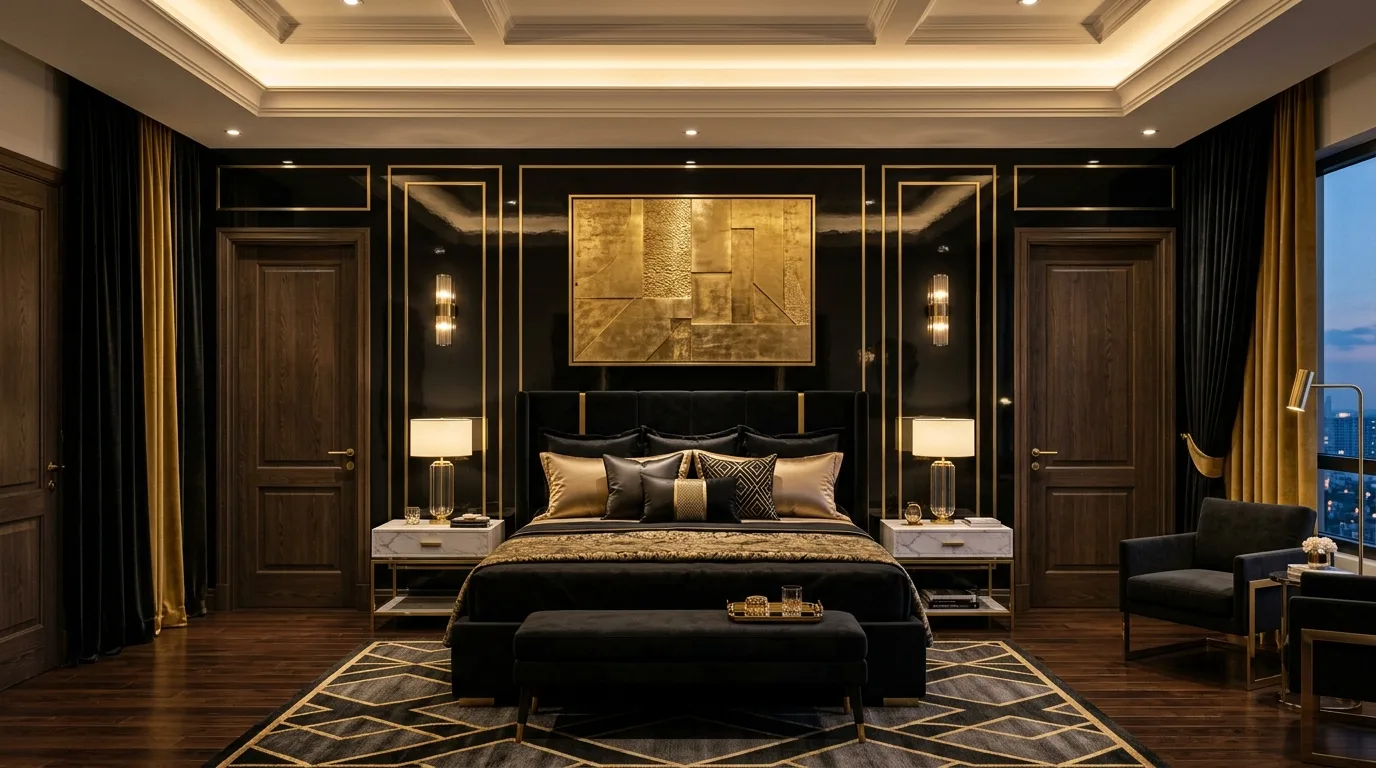 Black velvet bedroom with brushed gold details and plush luxurious styling.