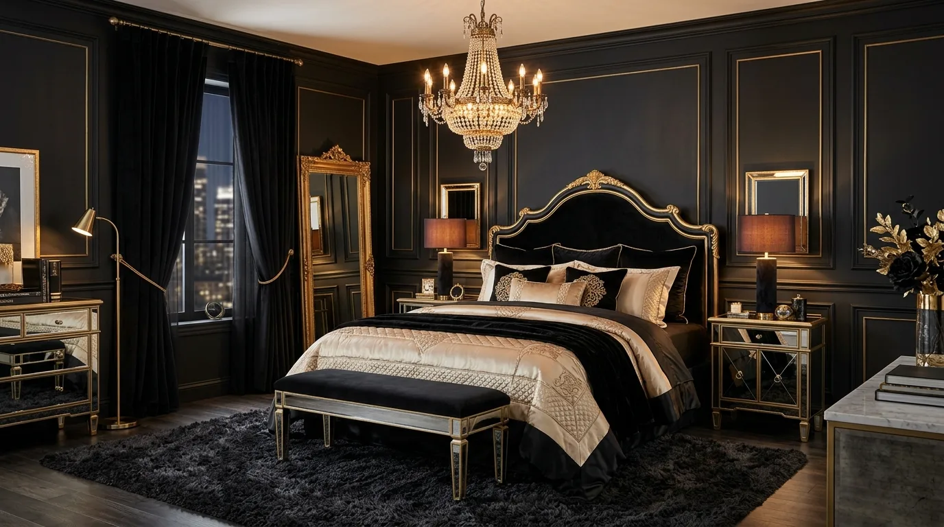 Gold mirror in a black bedroom with elegant glamorous decor.