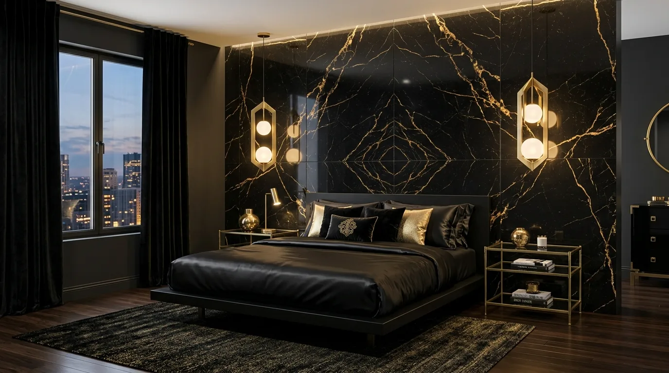 Black paneling with gold accent furniture in a luxurious bedroom.