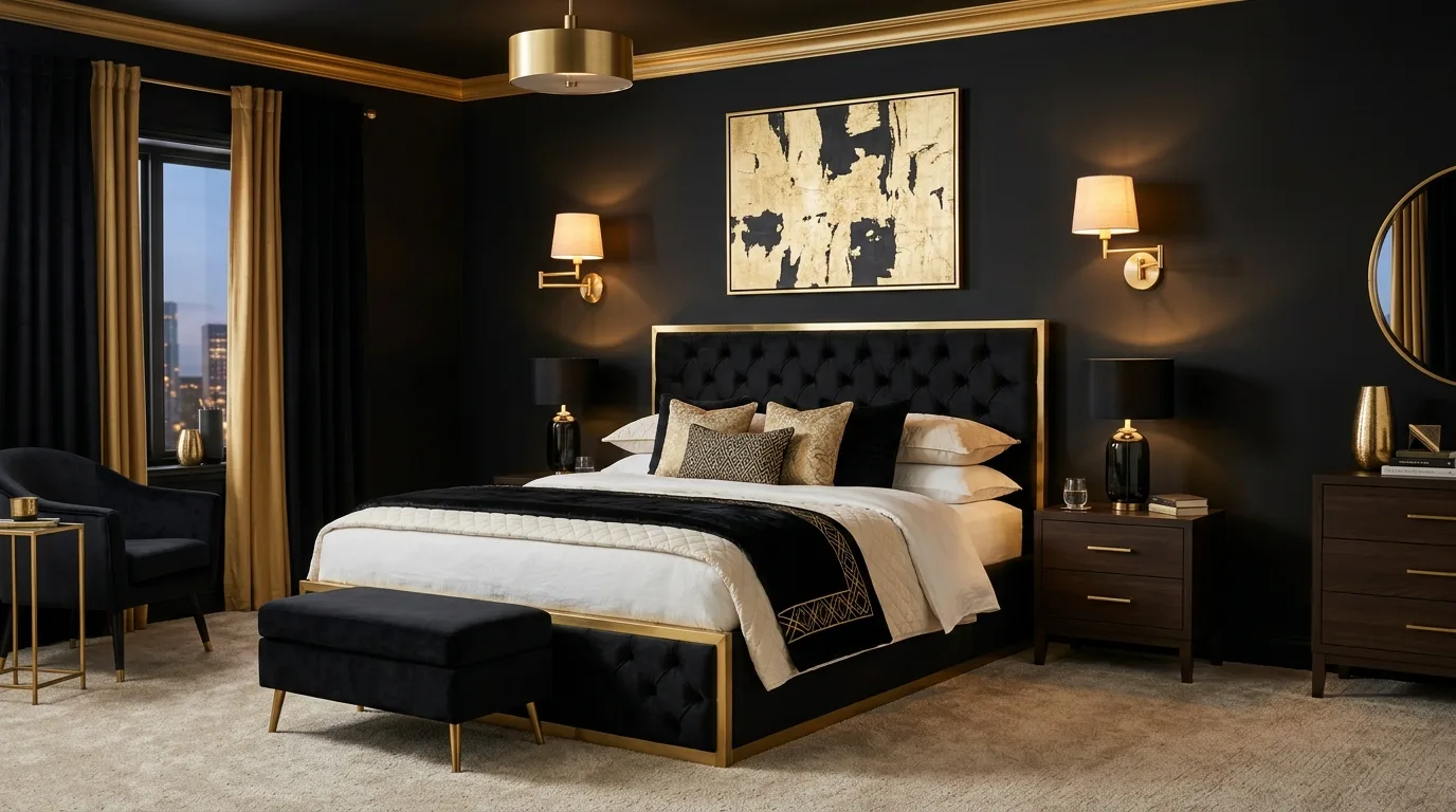 Gold hardware against black millwork in a chic luxurious bedroom.