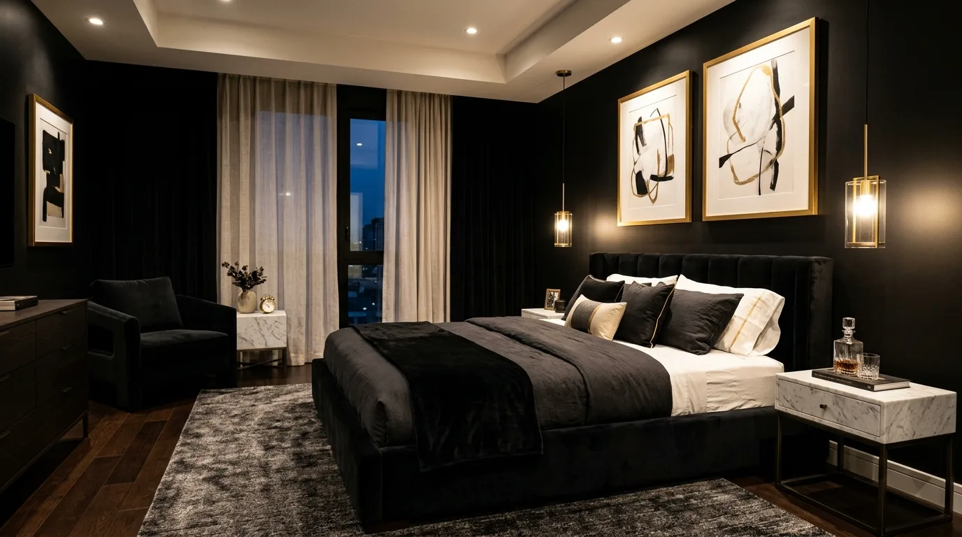 Black bedding with golden accents and warm luxurious layered styling.