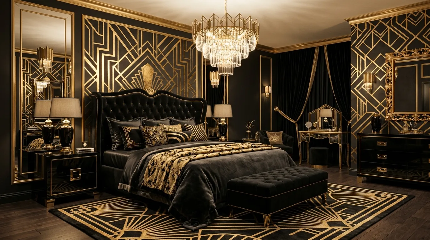Soft cream layers in a black and gold bedroom with elegant contrast.