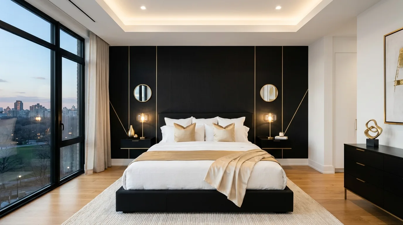 Black canopy bed with gold highlights in a dramatic glamorous bedroom.