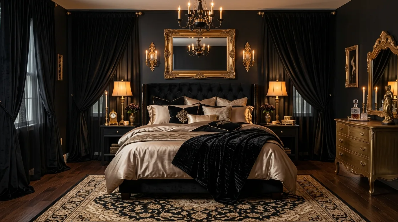 Warm gold lighting in a dark black bedroom with luxurious atmosphere.