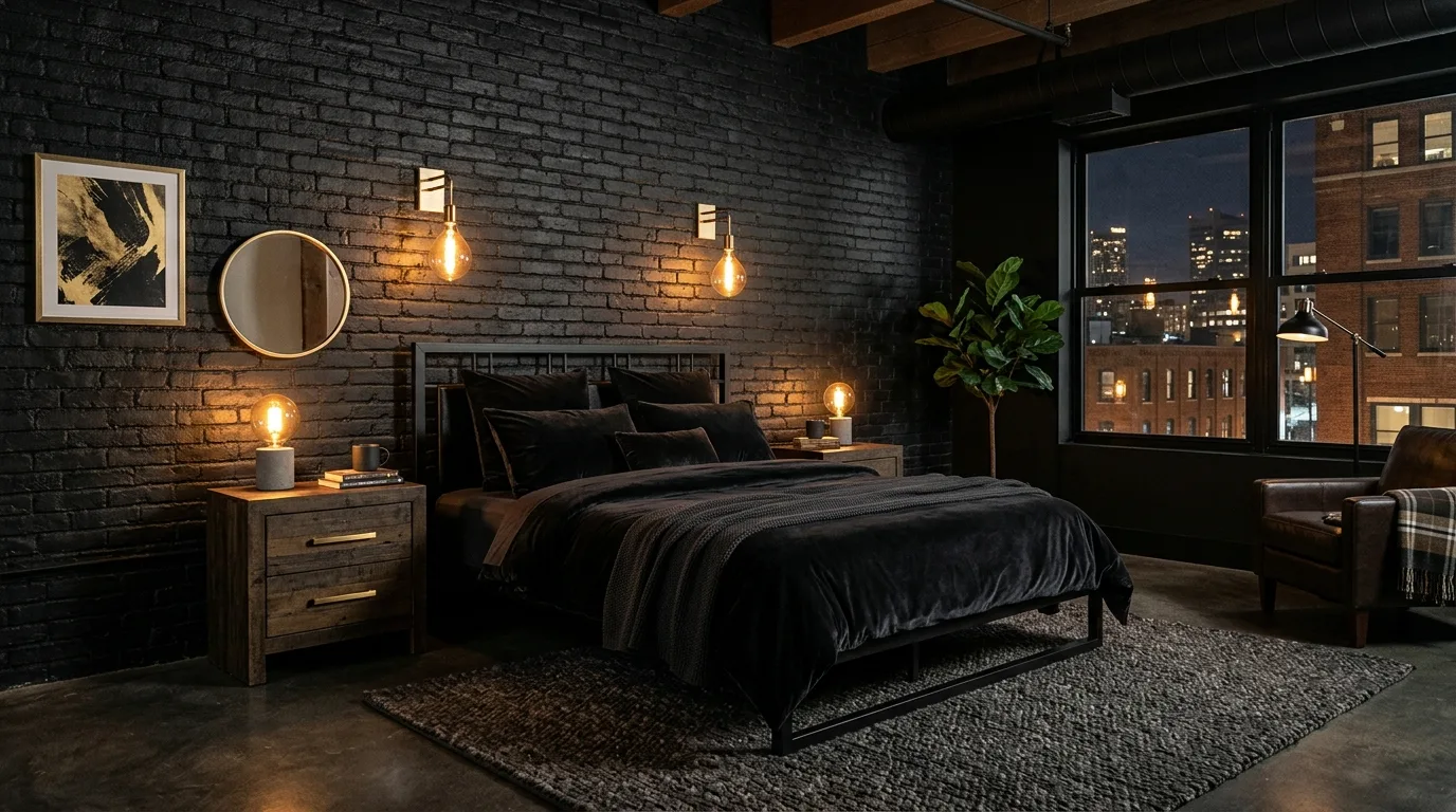 Modern glam bedroom with black and antique gold finishes.