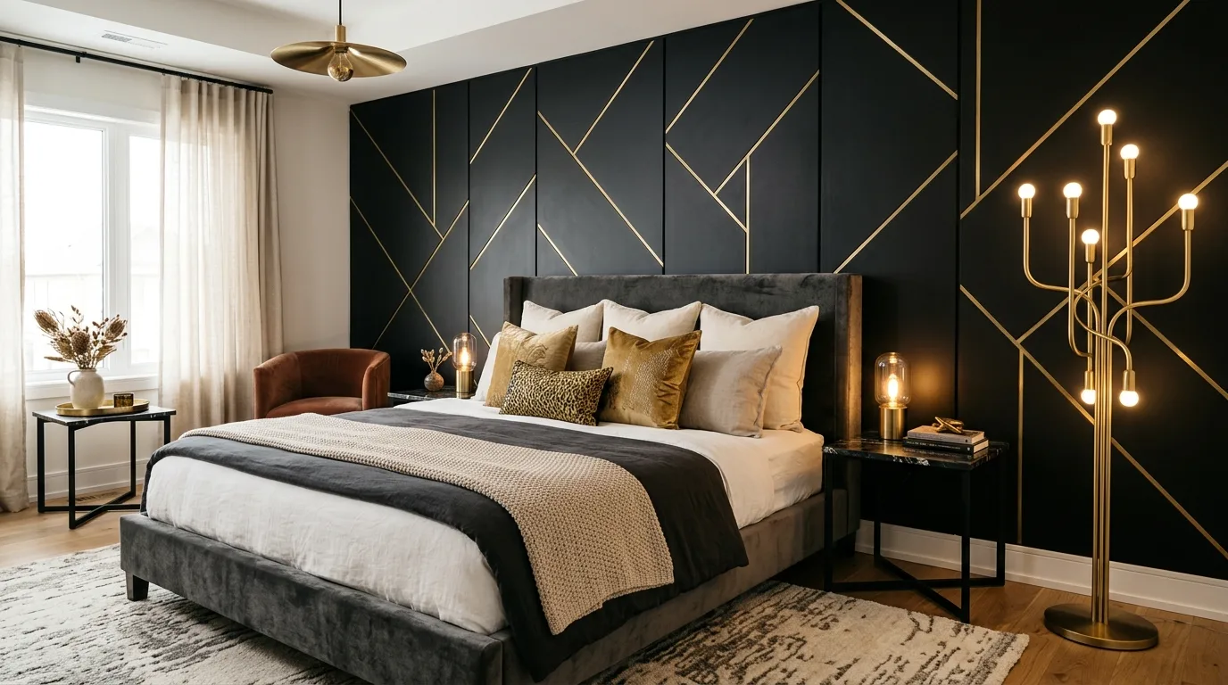 Glossy black and matte gold contrast in a chic luxurious bedroom.