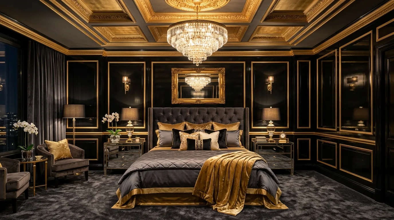 Gold-framed art in a black bedroom with luxurious layered styling.