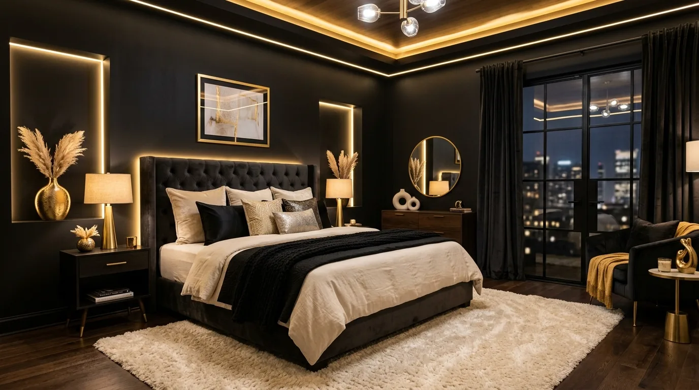 Black and gold bedroom with plush hotel-like mood and elegant lighting.