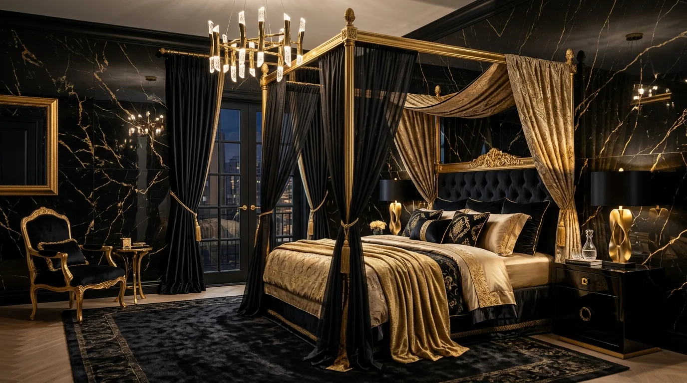 Lavish yet balanced black and gold bedroom with warm luxurious style.