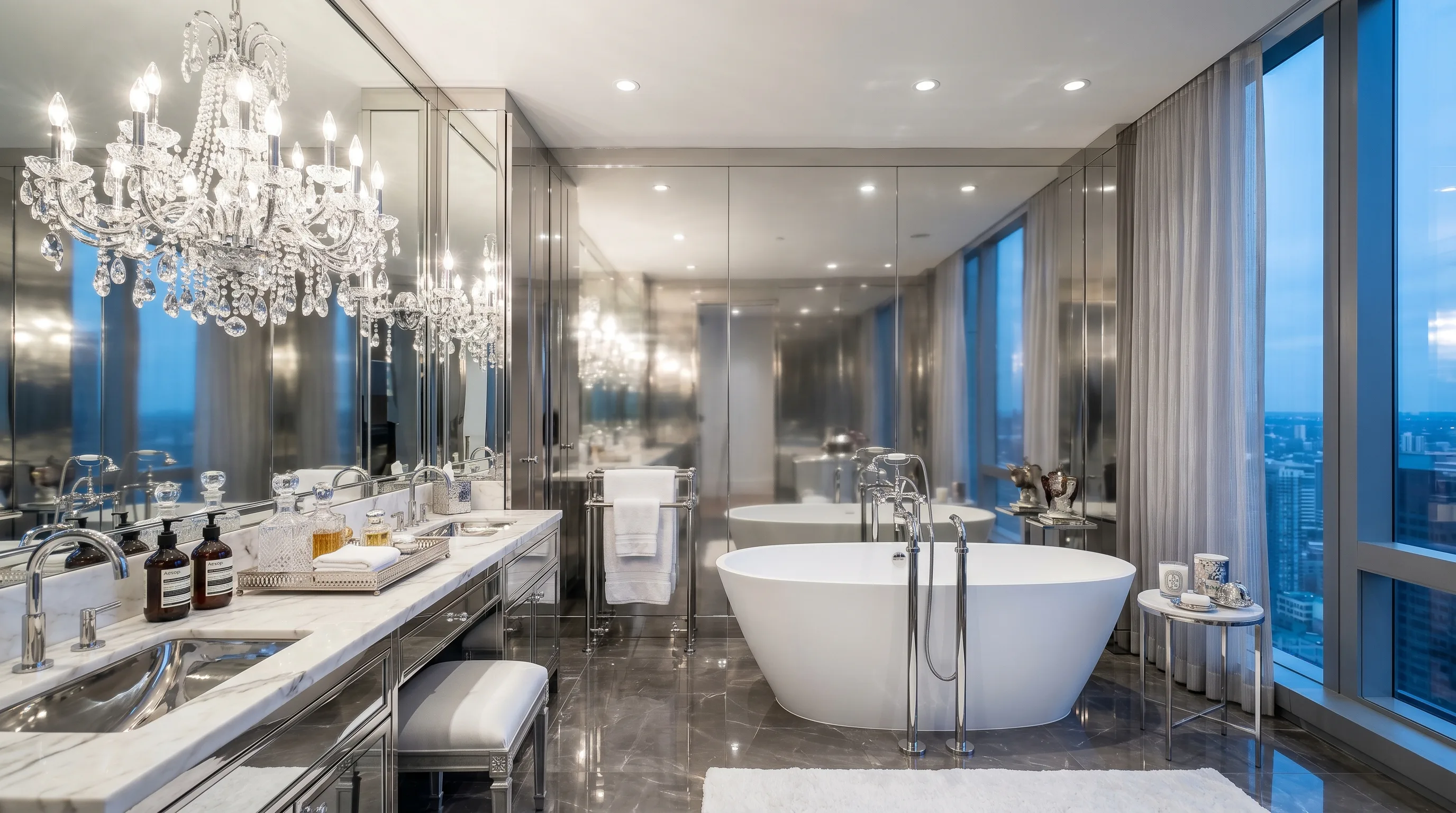 Glamorous silver bathroom with polished chrome finishes.