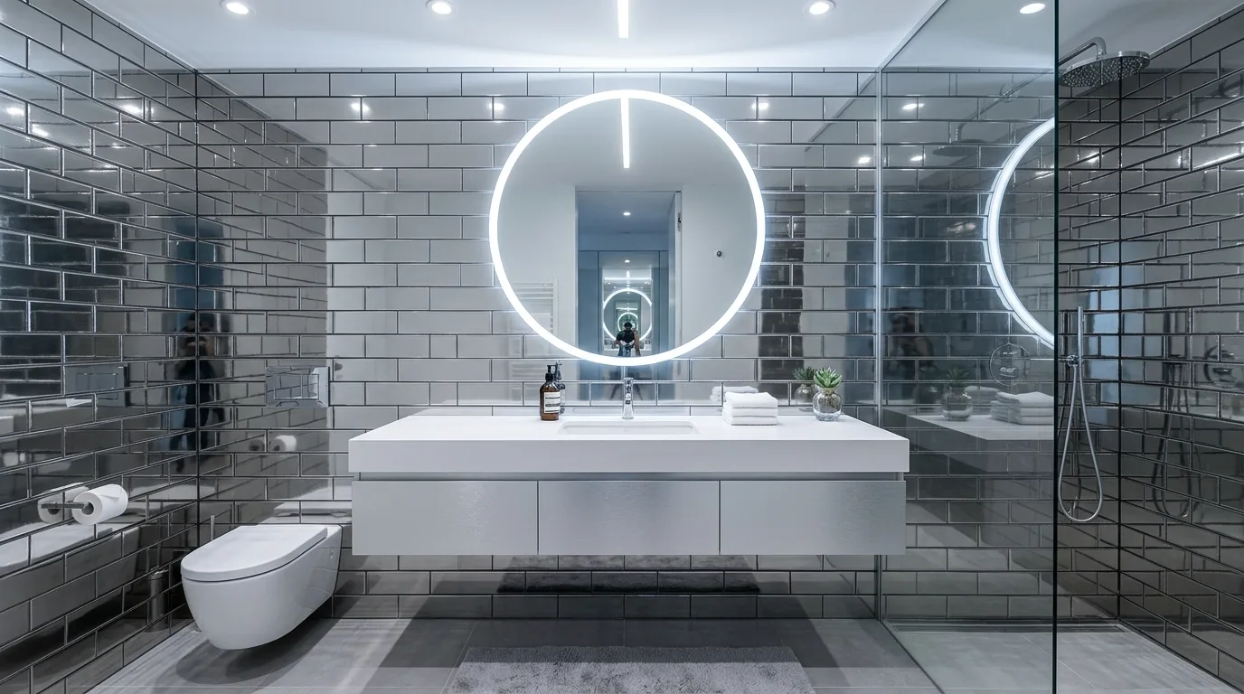 Polished chrome used as the main accent in a bathroom.