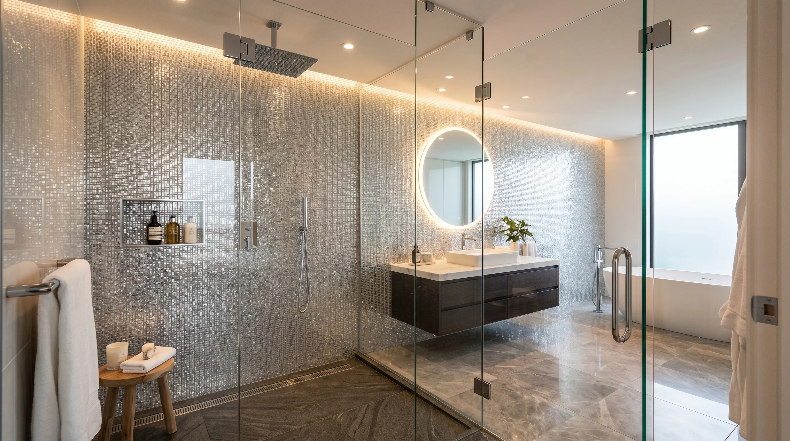 Silver finishes paired with bright white bathroom surfaces.