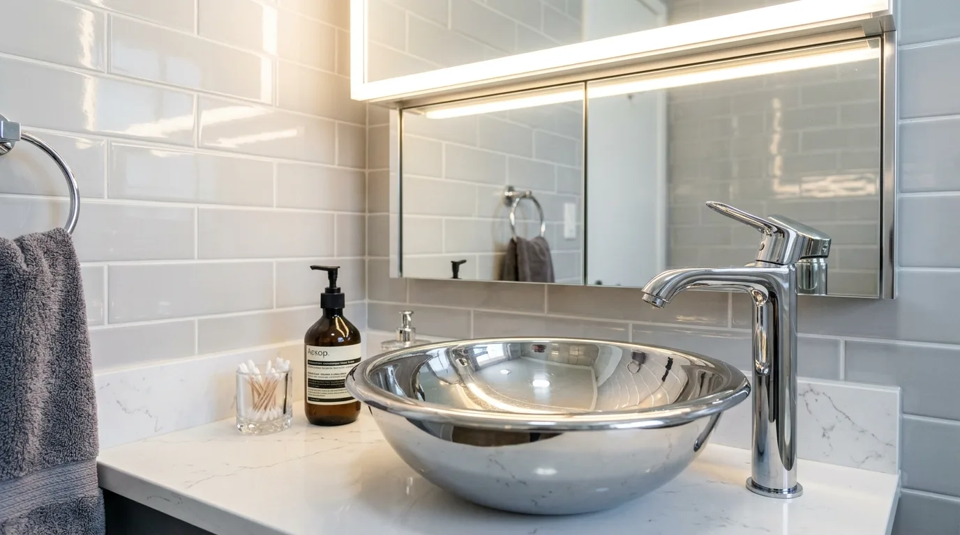 Mirror and glass amplifying silver glamour in a bathroom.