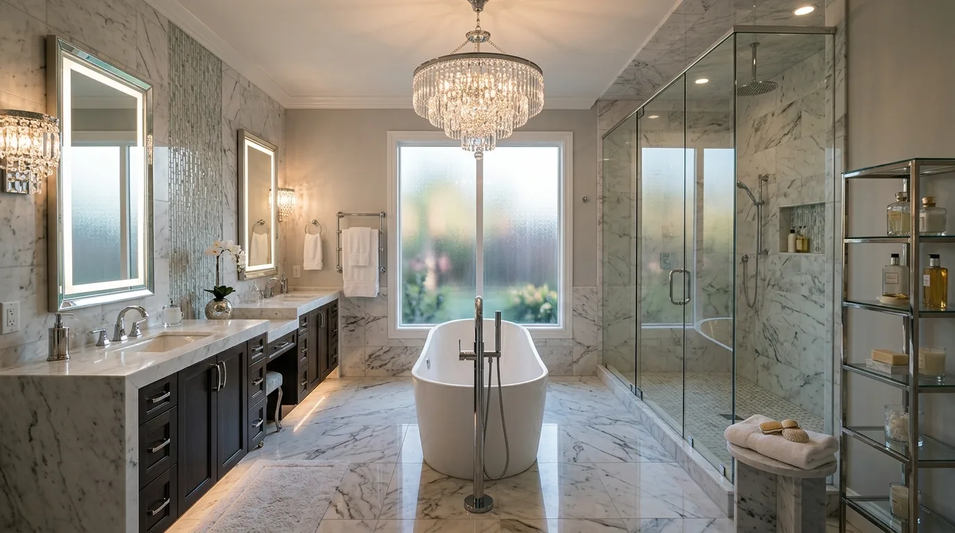 Plush textiles softening polished silver bathroom finishes.