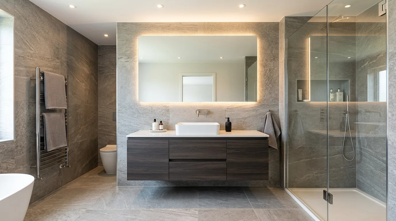 Subtle grey layered into a glamorous silver bathroom palette.