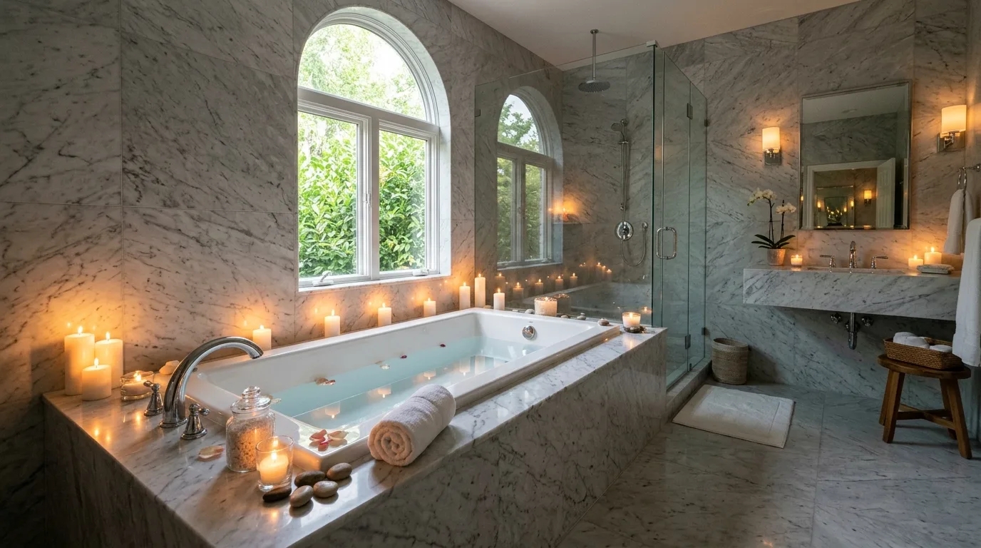 Clean lines highlighting chrome in a glamorous bathroom.