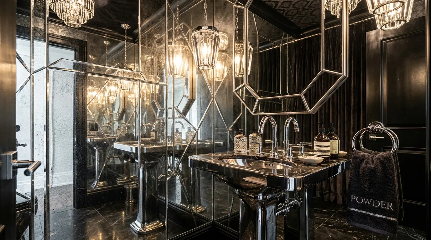 Glamorous lighting enhancing a polished silver bathroom.